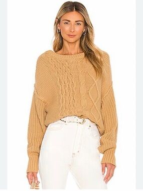 Free People Dream Cable Knit Crew Sweater in Classic Camel Crewneck Size Medium